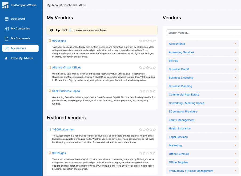 MyCompanyWorks Vendor Network inside My Account Dashboard